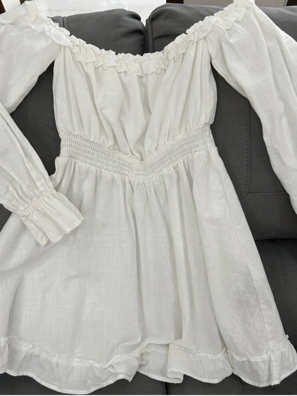 White Off-Shoulder Mini Dress Small Smocked Ruffle Boho Cottagecore